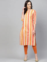 Women Cream Colored Orange Checked Straight Kurta